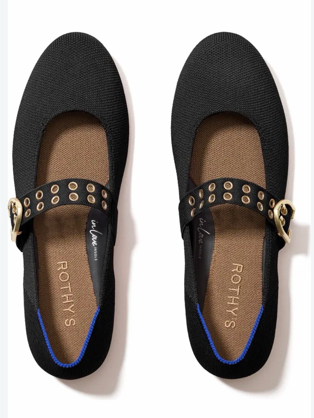 Rothy's Black Mary Jane Flats with Gold Eyelet Strap